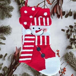 Snowman Christmas Hooked Stocking 20” Red White Stripes Scarf Buttons 3D